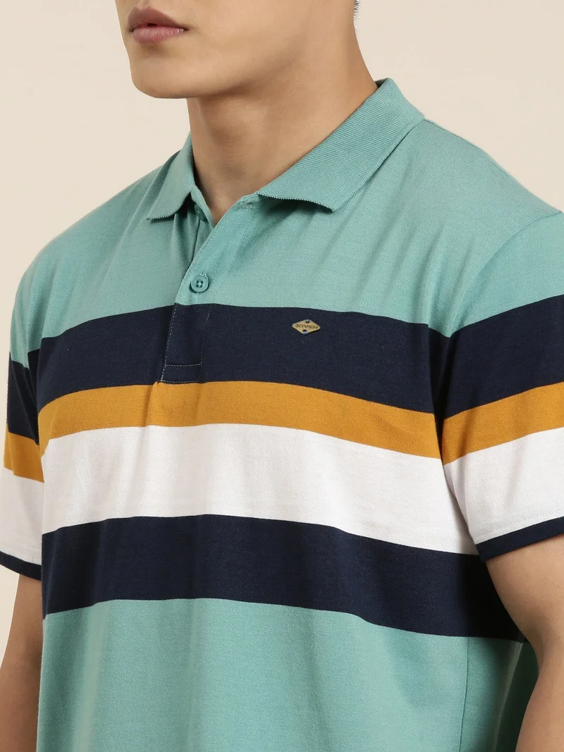 Joven Green Striped Polo T-Shirt for Men
